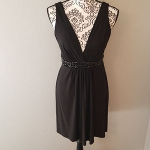 Beaded. Deep V-Neck. Knee Length Dress. Black